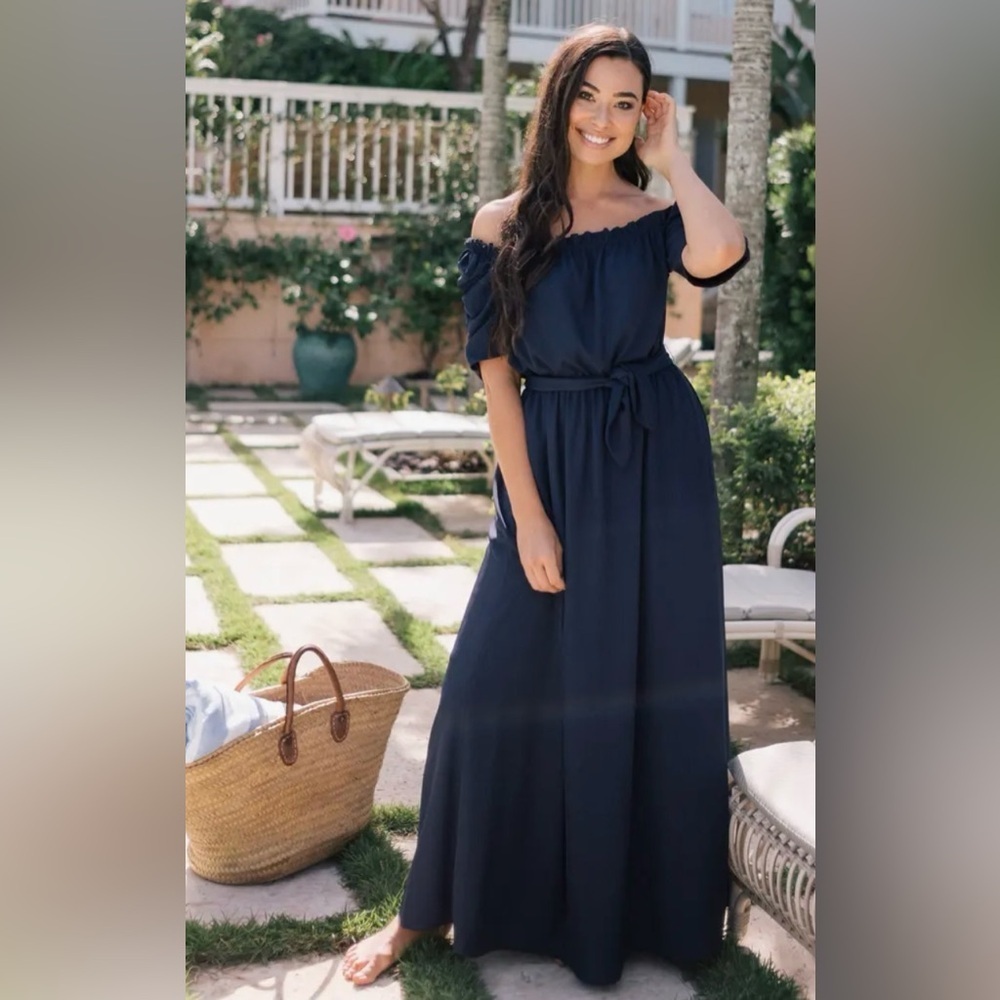 NWT Gal Meets Glam Sydney Waist Tie Maxi Dress Navy Blue 0